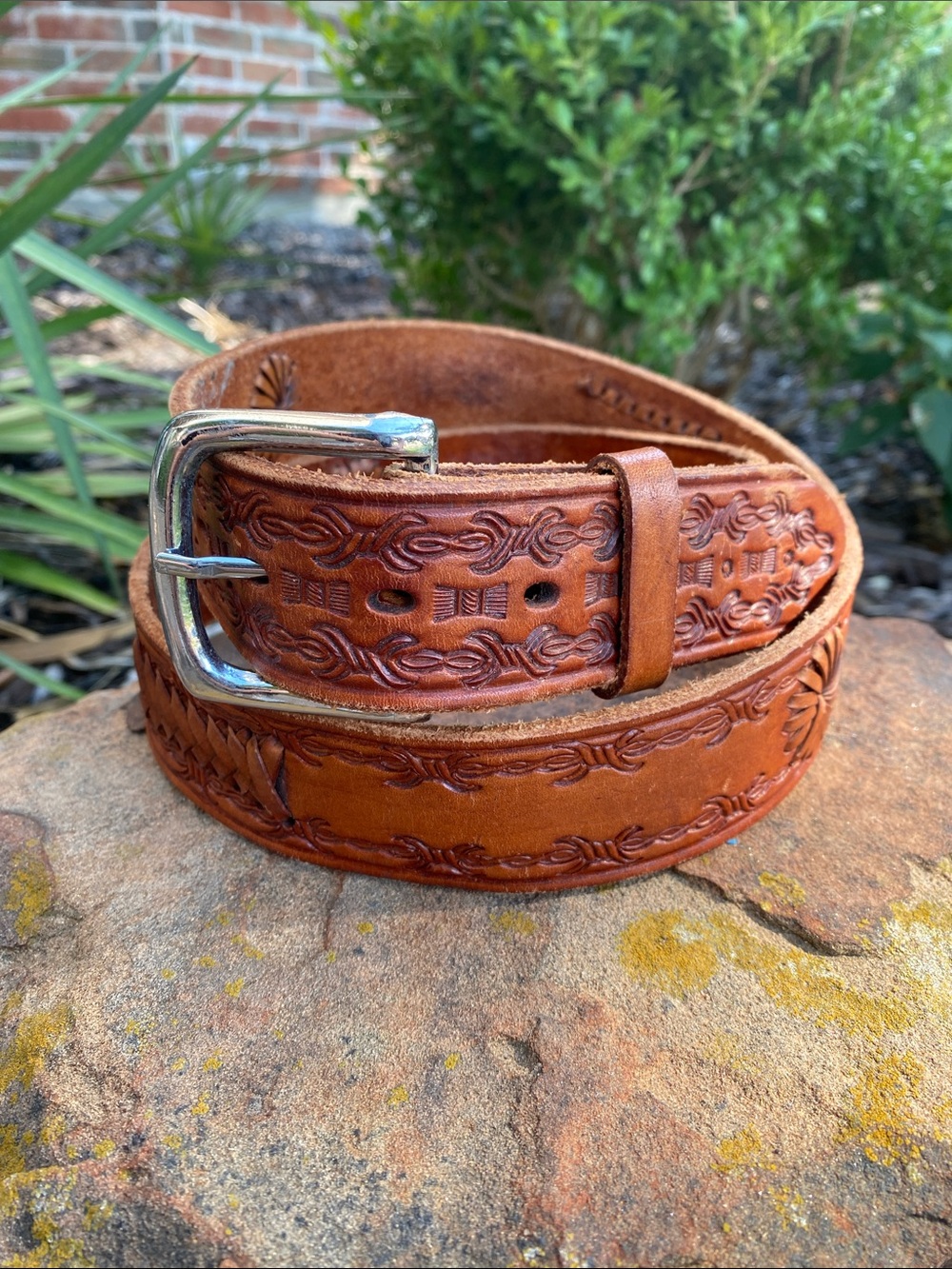 Hand-Tooled Brown Leather Belt w/Braiding, Barbed Wire & Floral Motif